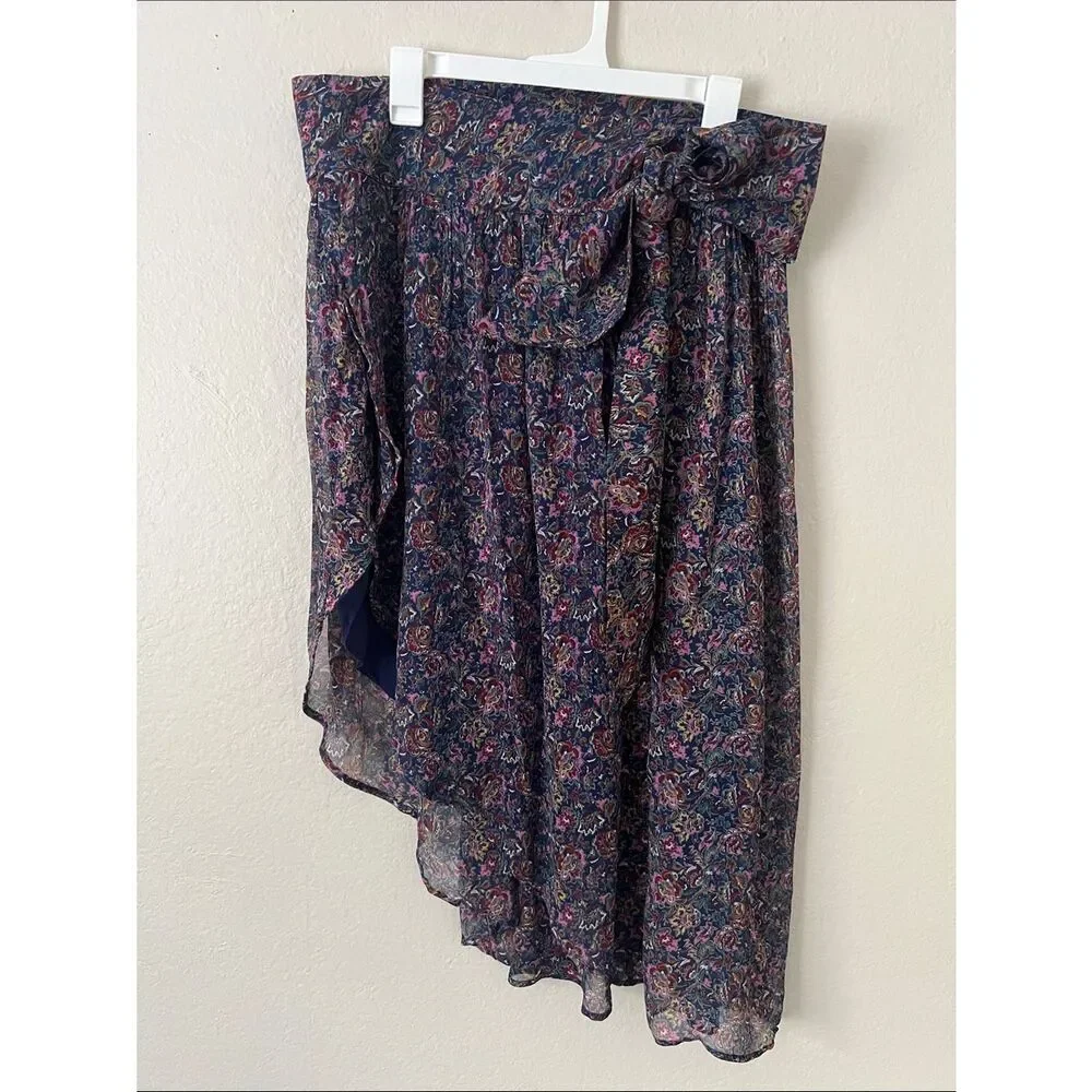 ba&sh Navy Floral Asymmetrical Tie-Waist Skirt